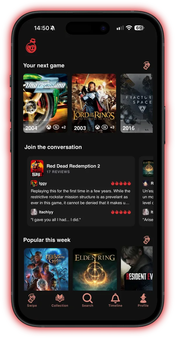 Discovery built around your taste: the Discover screen with your next game, community reviews and what's popular this week