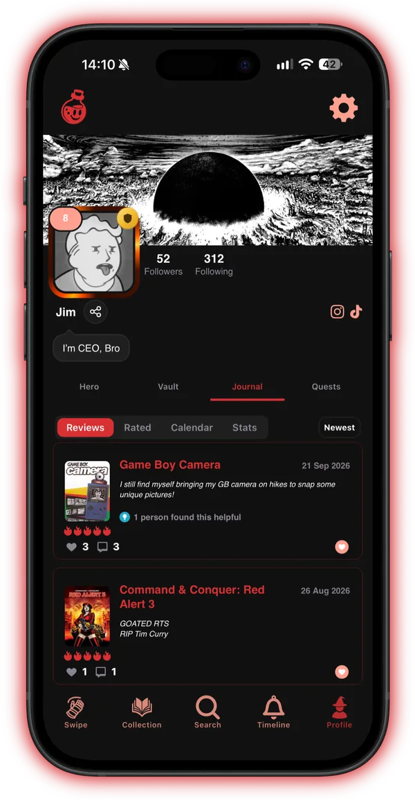 The Journal on a profile page, listing a player's reviews with their flame ratings
