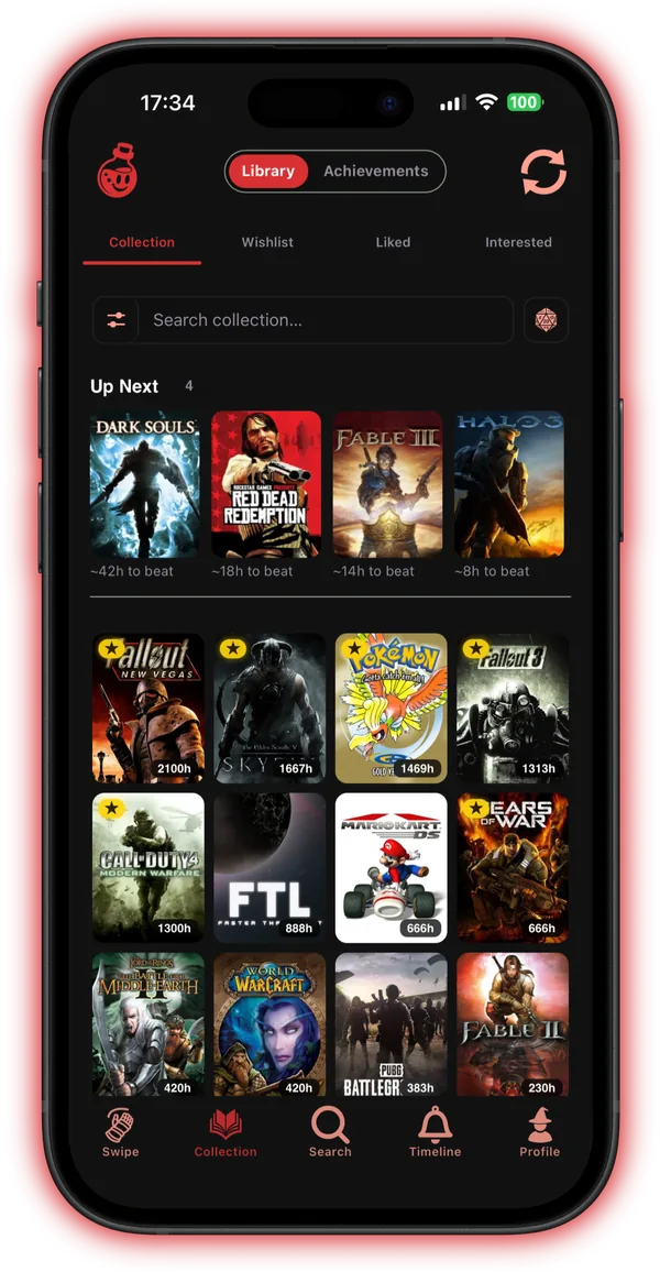 Your entire backlog, one place: the Collection with an Up Next queue and playtime on every game