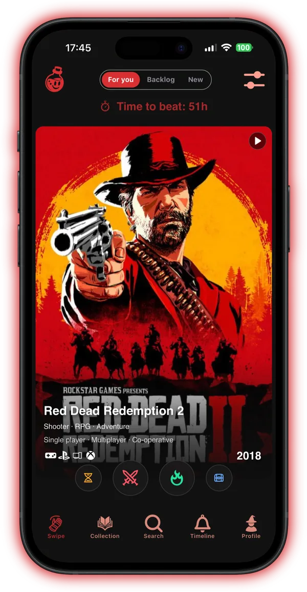 Your next game is one swipe away: the swipe deck showing Red Dead Redemption 2 with its time to beat