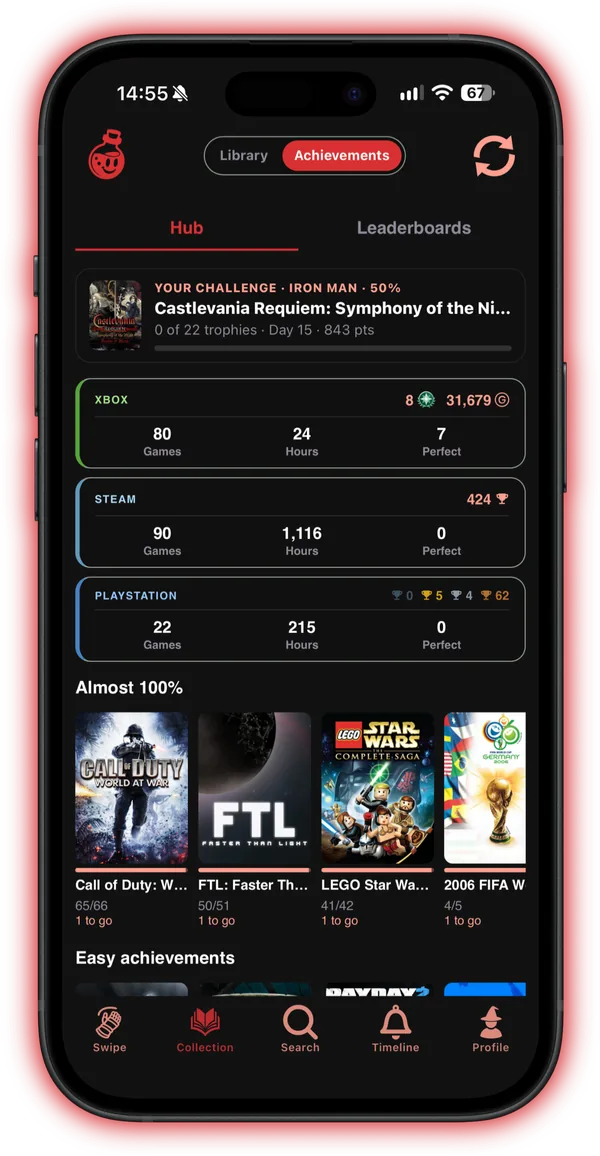 Every unlock easy to track: the Achievements hub with Xbox, Steam and PlayStation totals