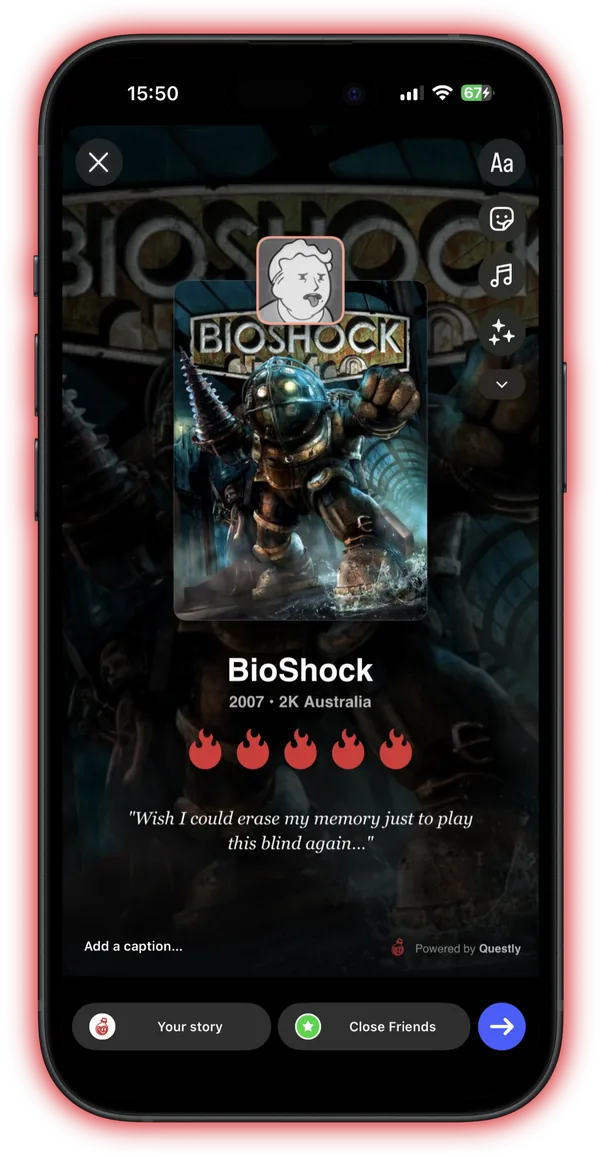 Share your thoughts anywhere: a review of BioShock turned into a story-sized share card