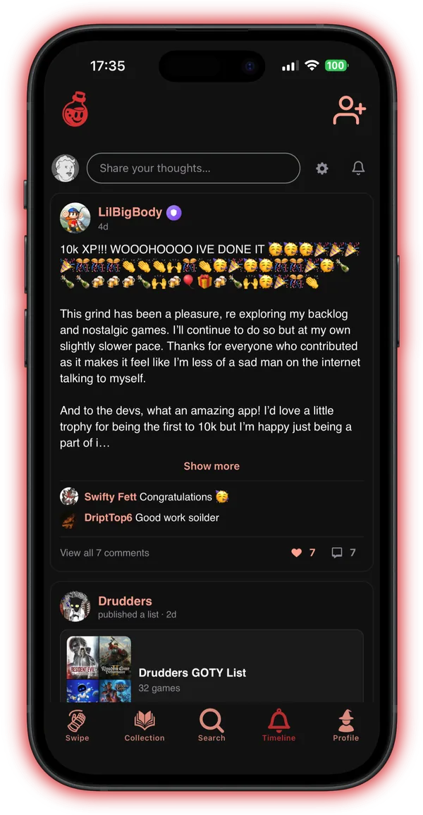 Follow players that match your vibe: the Timeline with posts and lists from people you follow