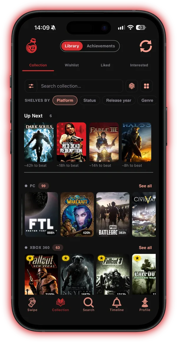 The Collection in shelf view, with Up Next on top and your games grouped into shelves by platform